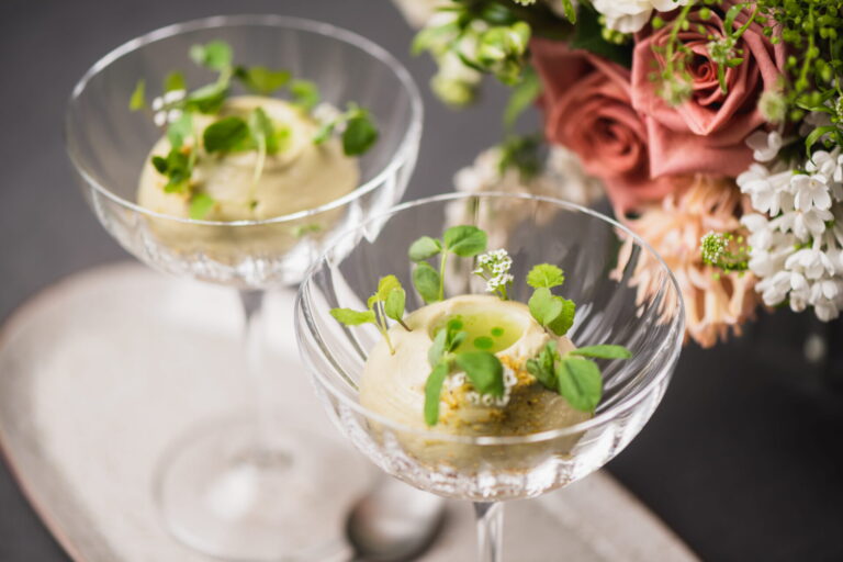 Avocado mousse, pistachio cake soaked in marco polo red tea, sorrel juice, seasonal micro herbs Wedding menu