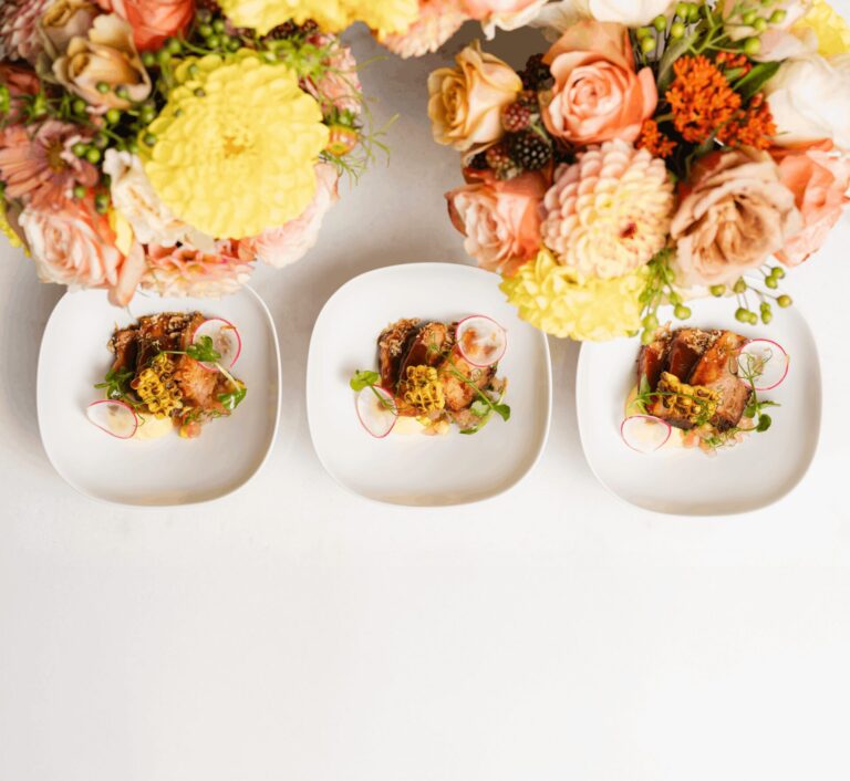 Barbecued pork belly, sweet corn cream, sweet corn and tomato salsa wedding menu